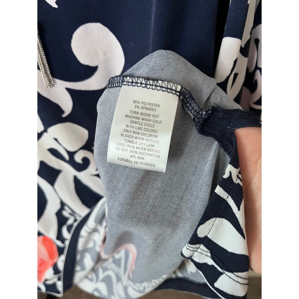 JM Collection Navy Floral Scroll Print Top Lace-Up Chain Detail 3/4 Sleeve Large - Picture 6 of 6